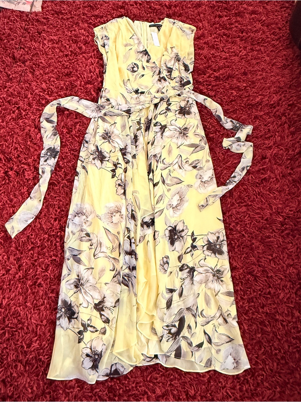 White House Black Market Yellow and Black Floral Wrap Flowy Maxi Dress sz 16 - Picture 4 of 7